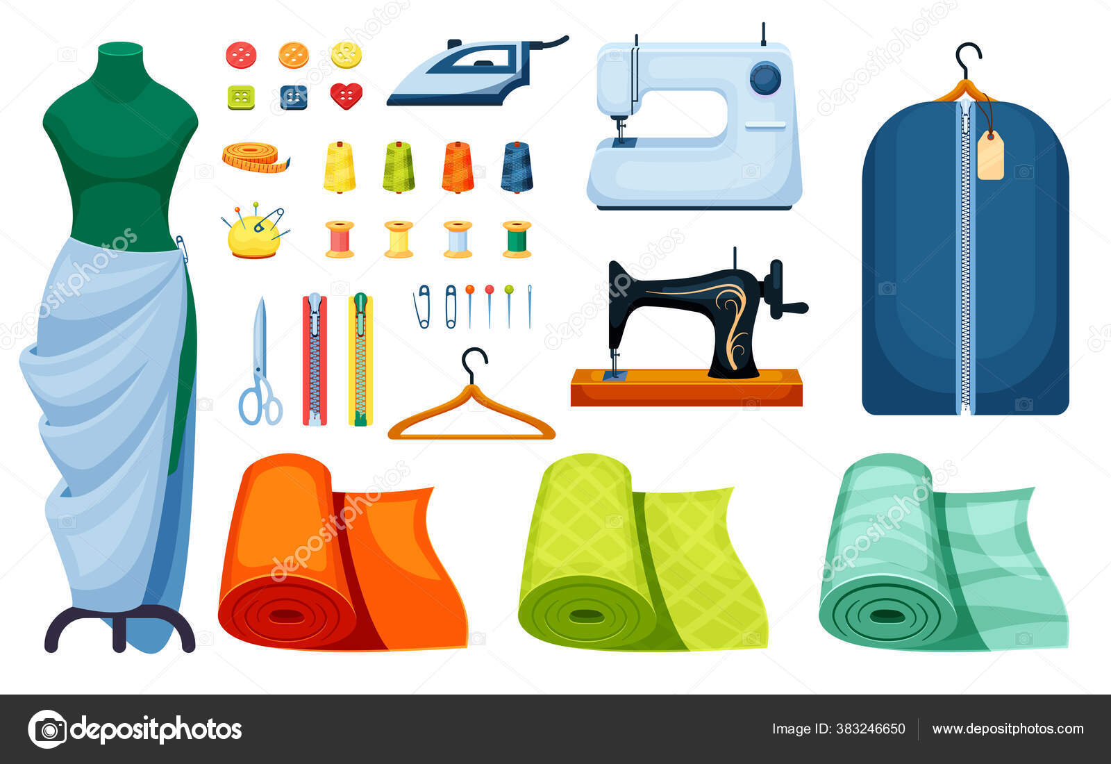 Supplies sewing set. Sewing machine white iron centimeter singer hanger  scissors mannequin roll fitting of fabric orange pin yellow bobbin thread  green spool button needle zipper. Clipart vector. Stock Vector by ©Alexcardo